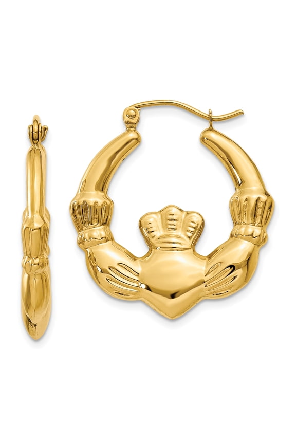 14K Yellow Gold Claddagh Hoop Earrings