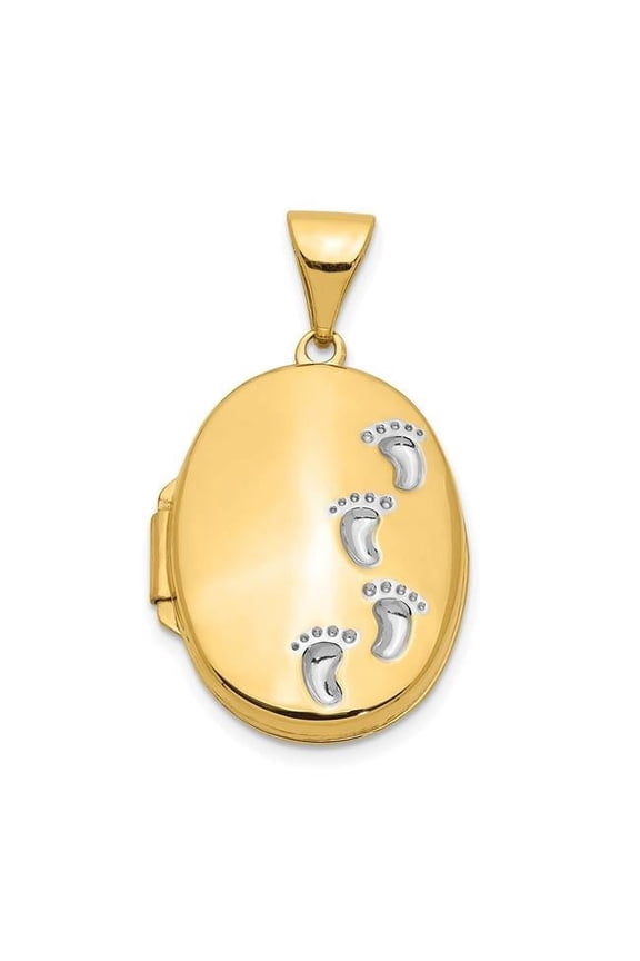 14K Yellow Gold White Rhodium Plated Footprints Locket
