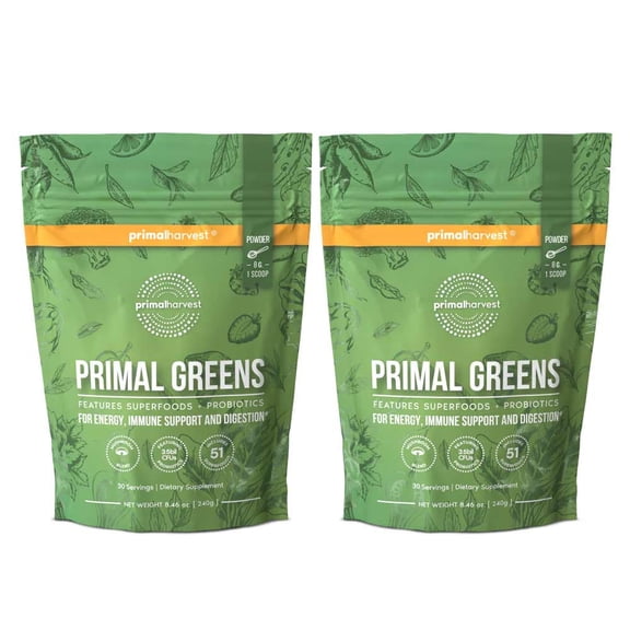 Primal Harvest Greens Powder, 2-Pack: 50+ Superfoods, Probiotics & Adaptogens for Energy, Detox & Immunity (60ct)