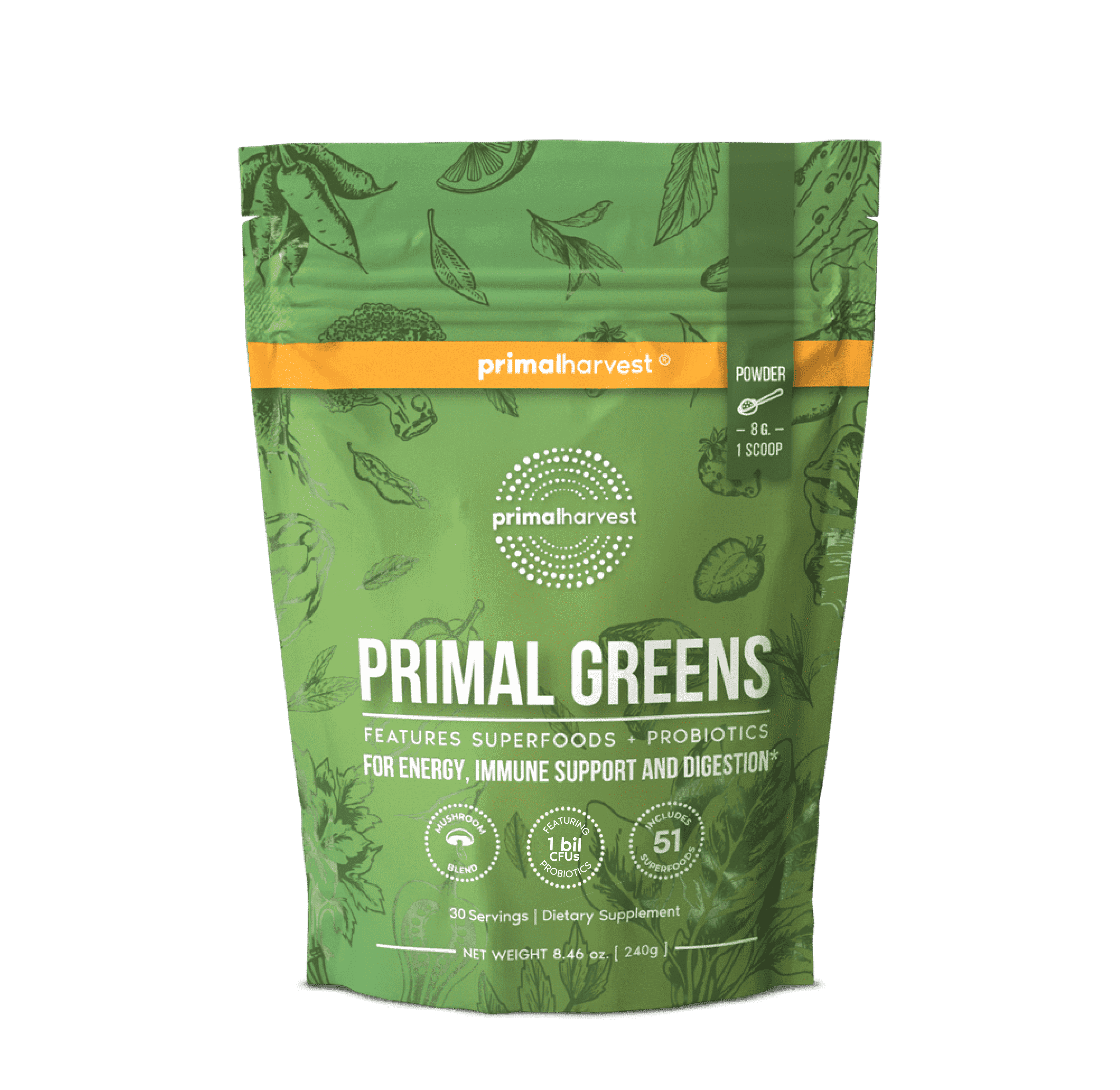 Primal Harvest Greens Powder: 50+ Superfoods, Probiotics & Adaptogens for Energy, Detox & Immunity 30 Scoops