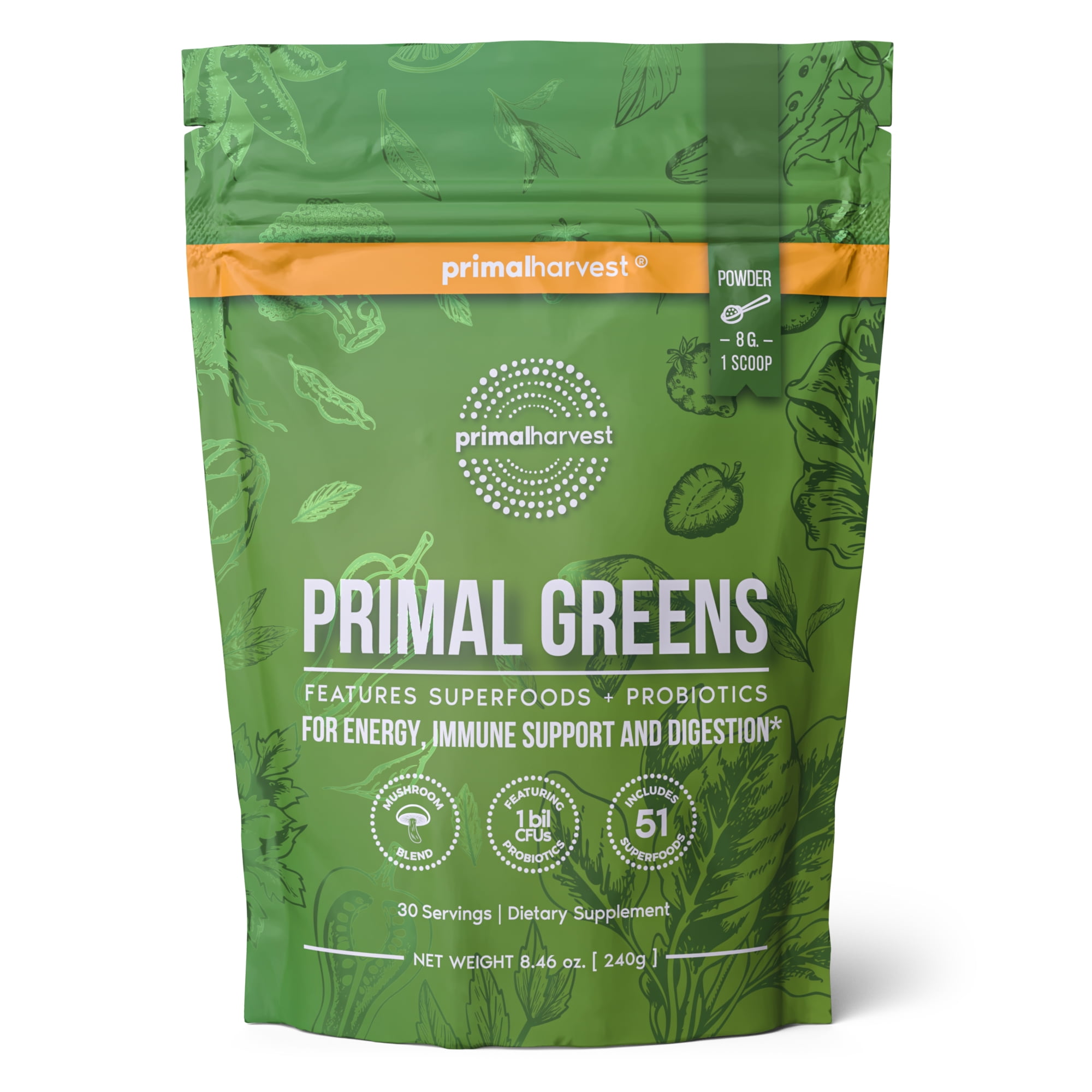 Primal Harvest Greens Powder, 30 Scoops, Veggie Fruit and Vegetable Blend for Smoothies