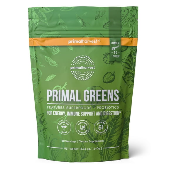 Primal Harvest Greens Powder, 30 Scoops, Veggie Fruit and Vegetable Blend for Smoothies