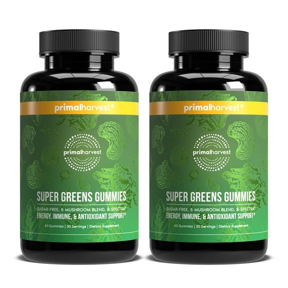 Primal Harvest Super Greens Gummies Sugar-Free, 5 Mushroom Blend & Spectra 2 Pack 120 Gummies, 60 Servings