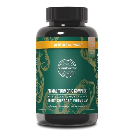 Primal Harvest Turmeric Supplement, Plant Based Turmeric Root Extract with Curcumin & BioPerine, 60ct