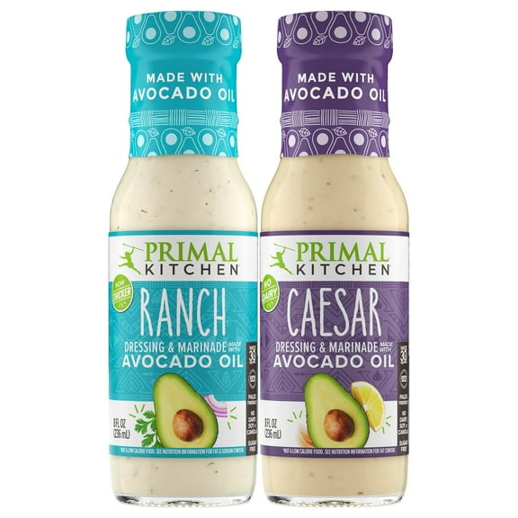 Primal Kitchen Ranch Dressing & Marinade and Caesar Dressing & Marinade, Made with Avocado Oil and Cage-Free Eggs, 8 Fluid Ounces, Variety Pack of 2