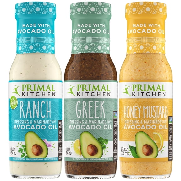 Primal Kitchen Ranch, Greek, and Honey Mustard Salad Dressing & Marinade Variety Pack made with Avocado Oil, Paleo Friendly & Keto Certified, 8 Fluid Ounces, Pack of 3