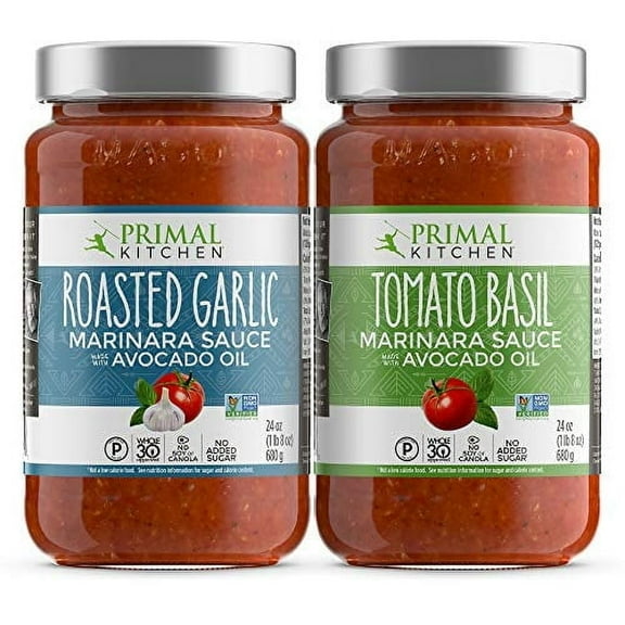 Primal Kitchen Tomato Pasta Sauce 2-Pack, No Added Sugar, Includes 1 Tomato Basil and 1 Roasted Garlic Marinara Sauce