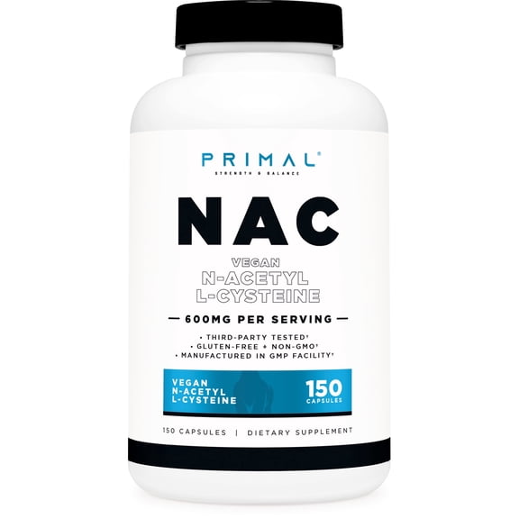 Primal N-Acetyl L-Cysteine (NAC) 600mg, 150 Capsules - Vegan N-Acetyl L-Cysteine Supplement, GMO-Free, Gluten-Free