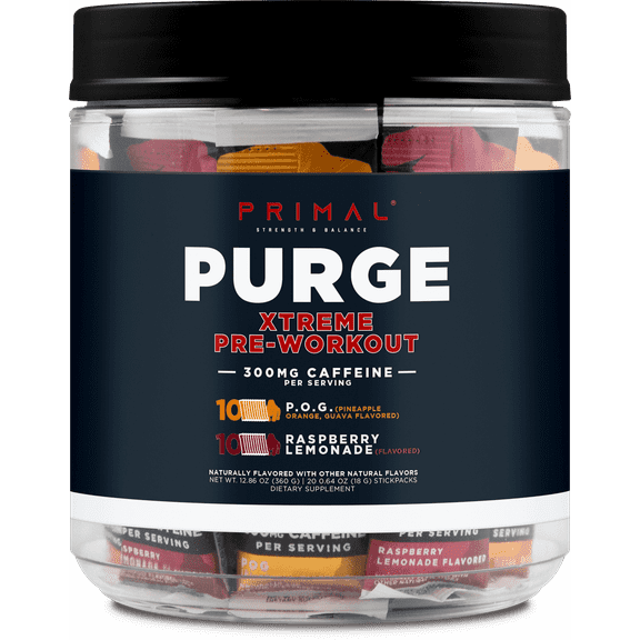 Primal Purge Xtreme Pre-Workout Variety Pack, Pineapple Orange Guava + Raspberry Lemonade Flavored (20 Stickpacks) - 300mg Caffeine Per Serving