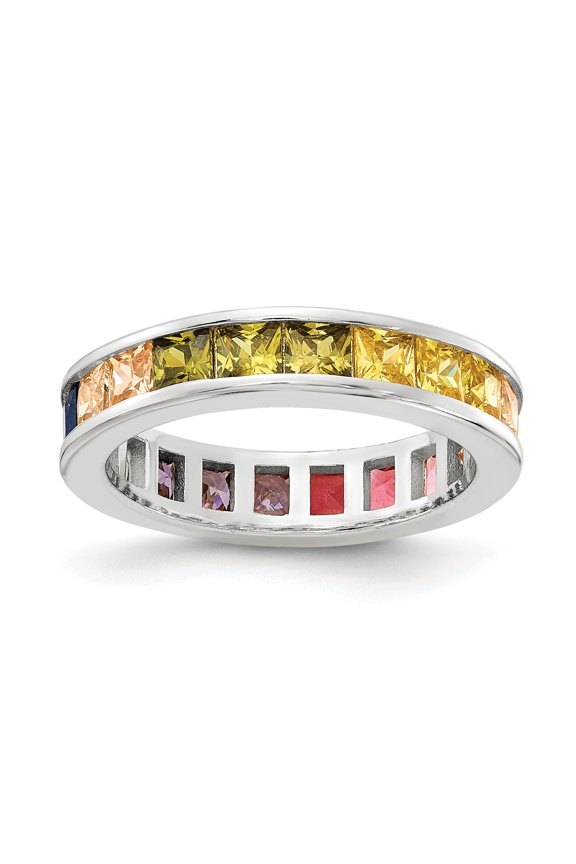 Prizma Sterling Silver Rhodium-plated Channel-Set Colorful Cubic Zirconia Eternity Band Ring