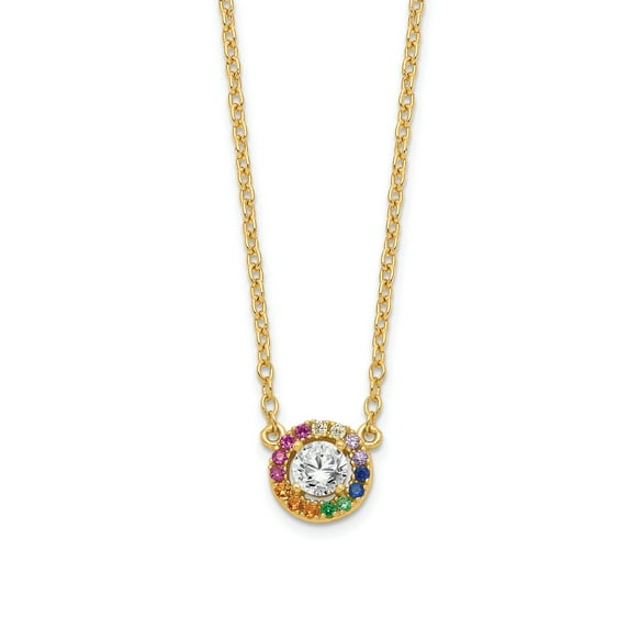 Primal Silver Sterling Silver 14 Karat Flash Gold-plated Colorful Cubic Zirconia Circle Pendant with 2-inch Extender Necklace