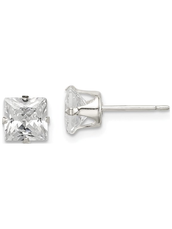 Sterling Silver 6mm Square Snap Set Cubic Zirconia Stud Earrings