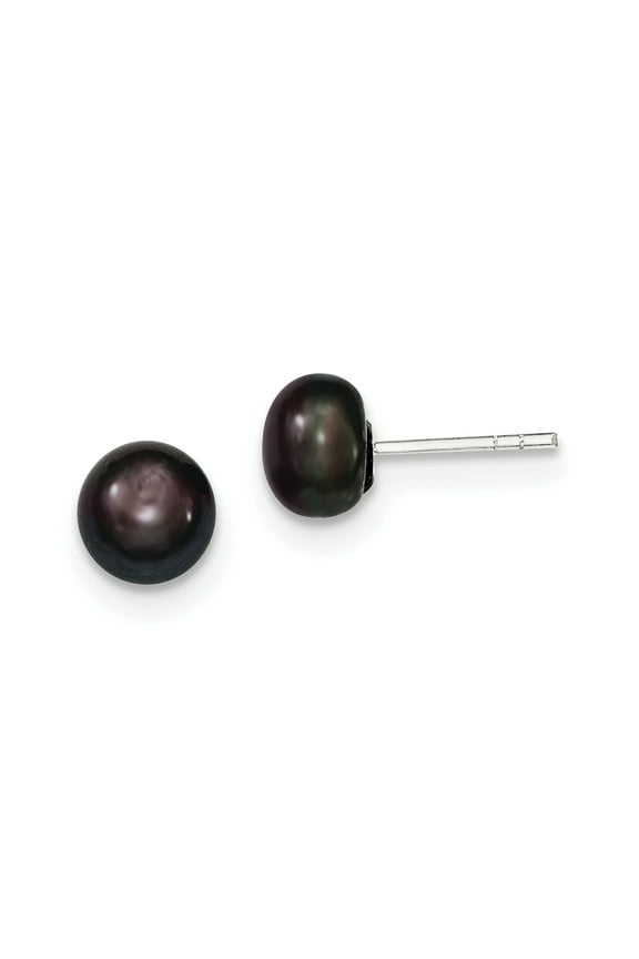 Sterling Silver 7-8mm Black Freshwater Cultured Pearl Button Earrings