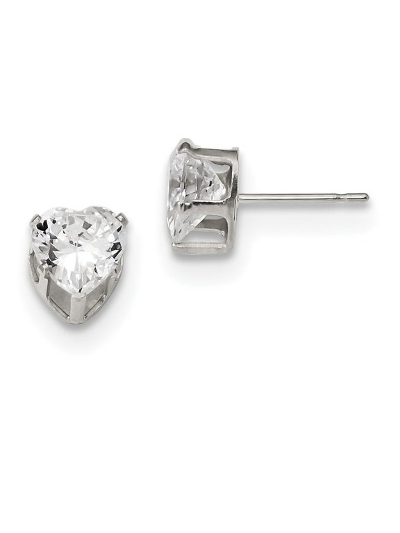 Sterling Silver 7mm Heart Snap Set Cubic Zirconia Stud Earrings