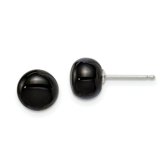 Primal Silver Sterling Silver 8-8.5mm Button Black Agate Post Earrings