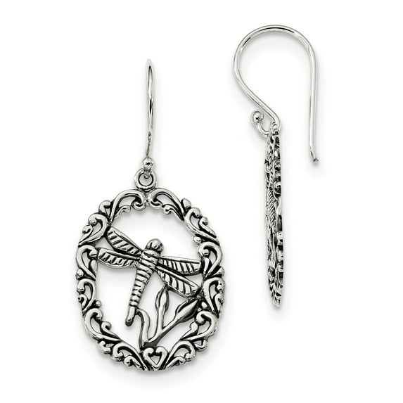 Primal Silver Sterling Silver Antiqued Dragon Fly Dangle Shepherds Hook Earrings