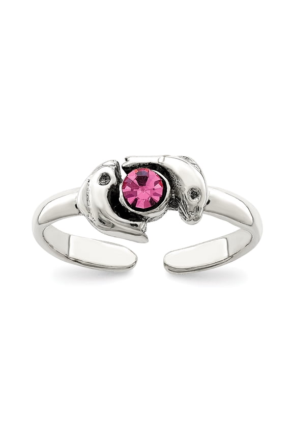 Sterling Silver Antiqued Pink Cubic Zirconia Dolphin Toe Ring