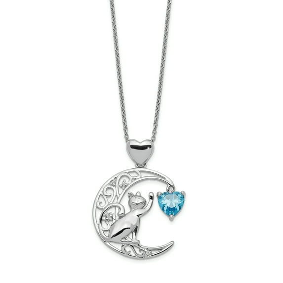 Primal Silver Sterling Silver Blue and Clear Cubic Zirconia Cat and Moon Necklace