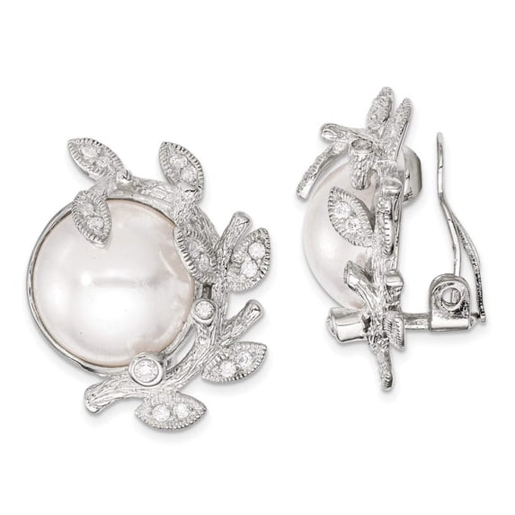 Primal Silver Sterling Silver CZ and Simulated Pearl Non-pierced Earrings
