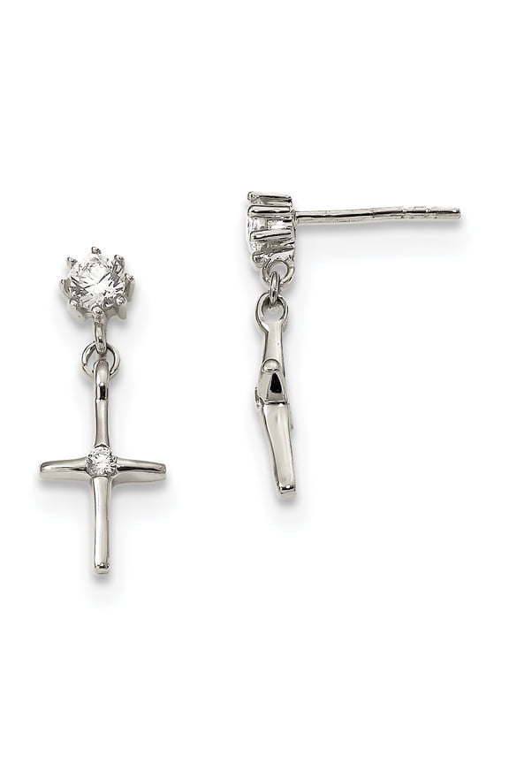 Sterling Silver Cubic Zirconia Cross Dangle Post Earrings