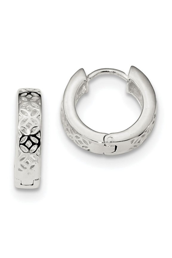 Sterling Silver Cut-out Design Hinged Hoop Earrings