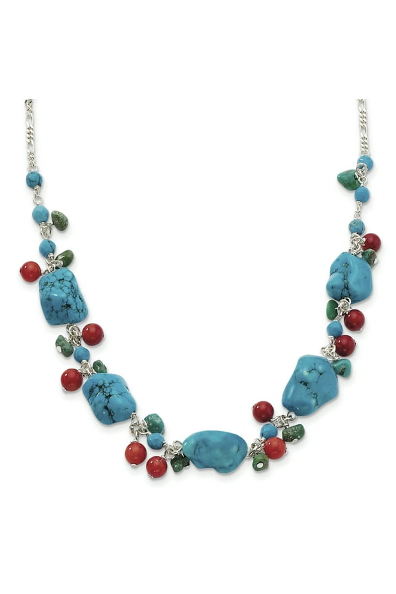 Sterling Silver Dyed Howlite, Turquoise and Red Coral Necklace