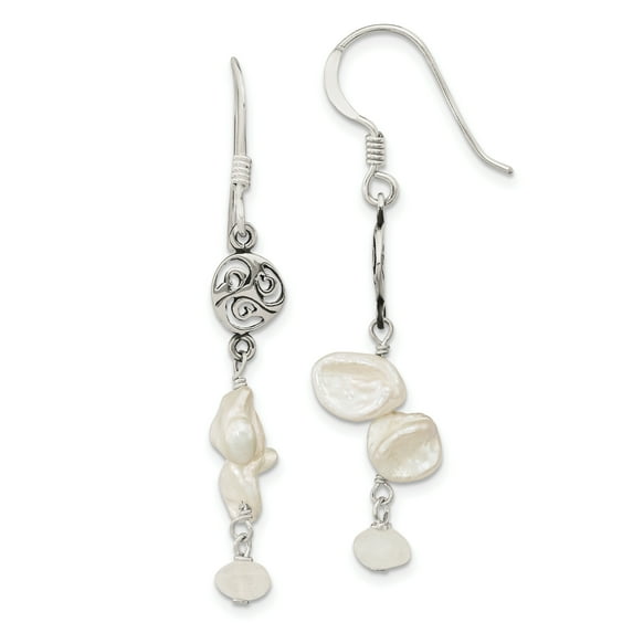 Primal Silver Sterling Silver Freshwater Cultured Keshi Pearl and Moonstone Fancy Shepherd Hook Earrings