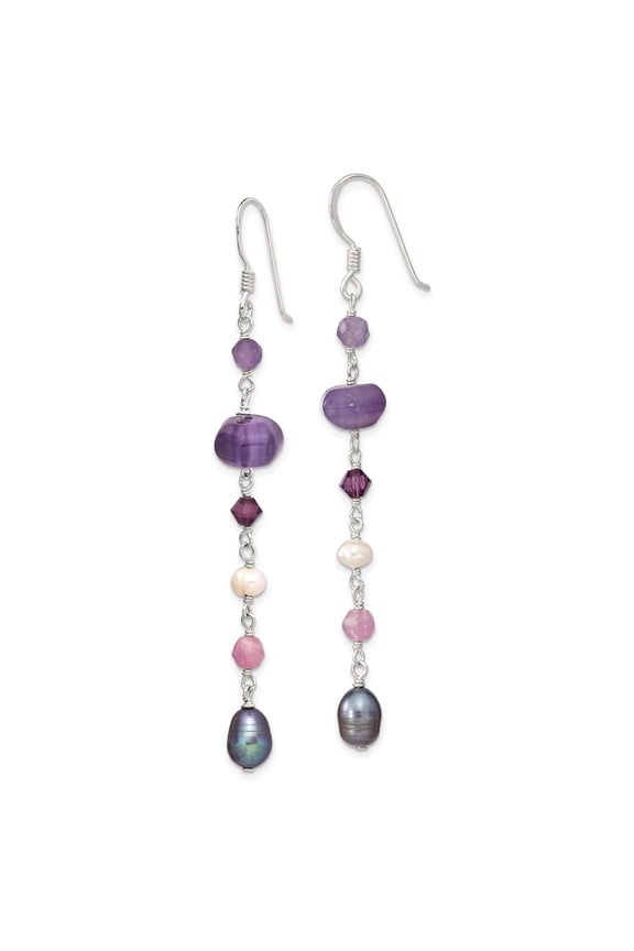 Sterling Silver Freshwater Cultured Pearl (Grey and White), Amethyst, Lavender Jade Shepherd Hook Earrings