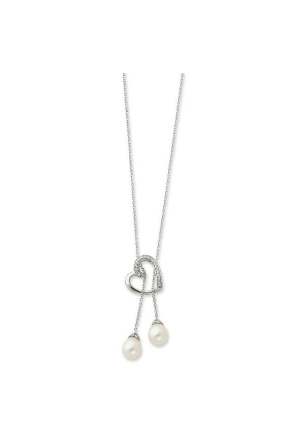 Sterling Silver Freshwater Cultured Pearl and Cubic Zirconia Two Become One 18-inch Heart Necklace