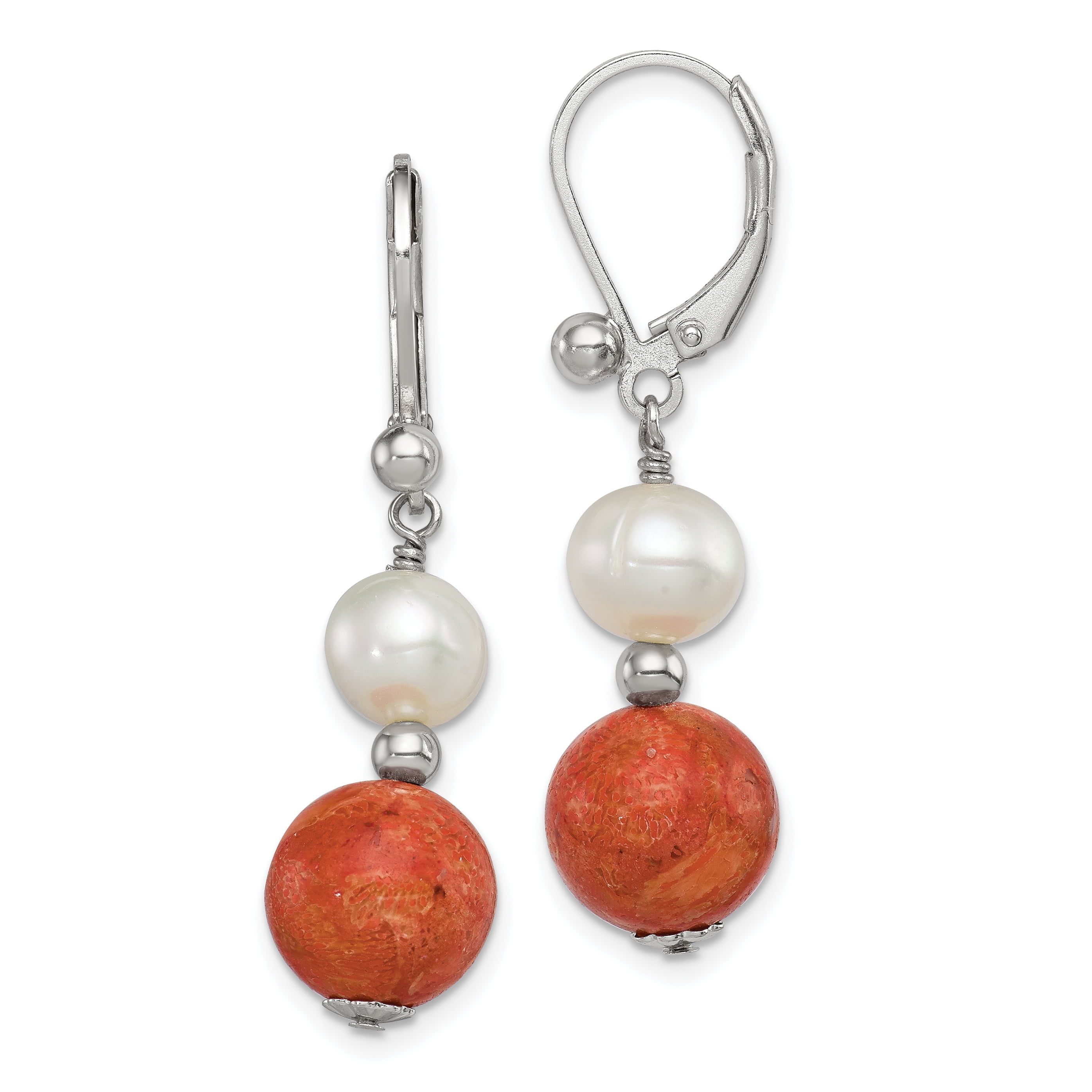 Primal Silver Sterling Silver Freshwater Cultured Pearl and Stabilized Red Coral Earrings