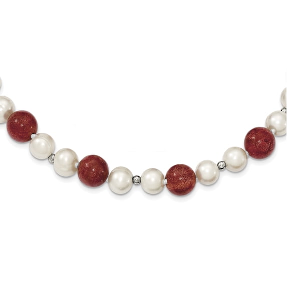 Primal Silver Sterling Silver Freshwater Cultured Pearls and Stabilized Red Coral Necklace