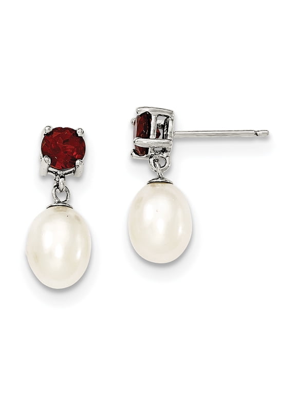 Sterling Silver Garnet and 7-8mm Freshwater Cultured Pearl Teardrop Earrings