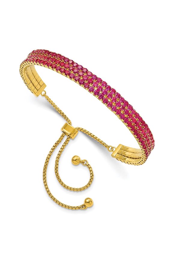 Sterling Silver Gold Tone July Dark Pink Triple Cubic Zirconia Adjustable Bracelet