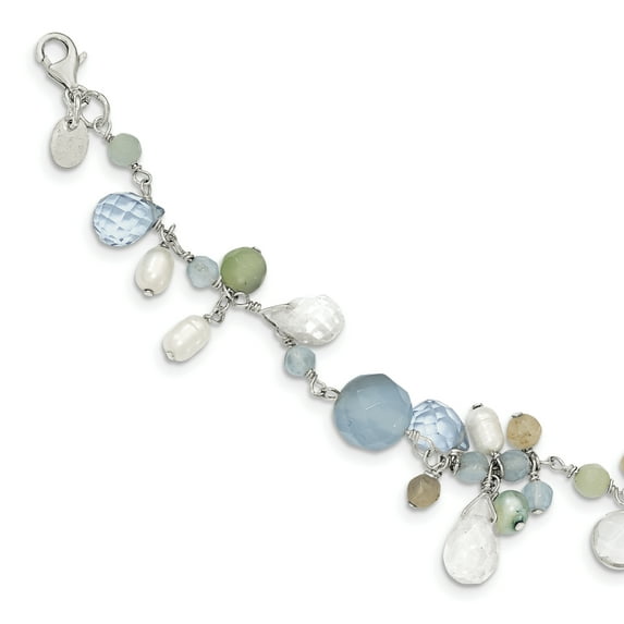 Primal Silver Sterling Silver Lace Agate, Opalite Crystal, Amazonite and Freshwater Cultured Pearl Bracelet