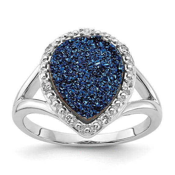 Primal Silver Sterling Silver Polished Blue Druzy Quartz and Diamond Ring
