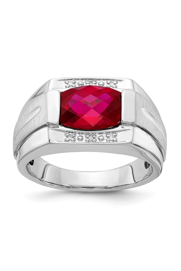 Sterling Silver Polished/Brushed Created Ruby and Diamond Ring