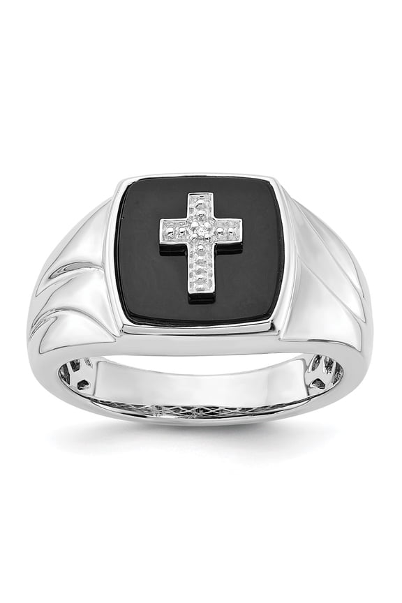 Sterling Silver Polished Onyx and Diamond Cross Ring