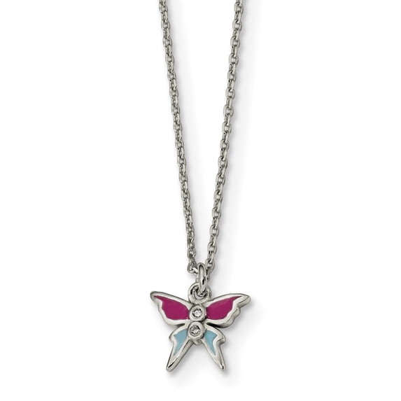 Primal Silver Sterling Silver Polished and Enameled Cubic Zirconia Butterfly 14 Inch Necklace