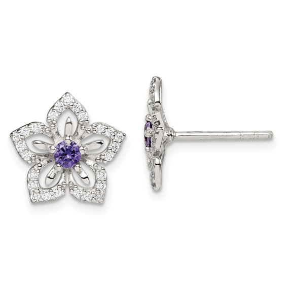 Primal Silver Sterling Silver Purple and Clear Cubic Zirconia Flower Post Earrings