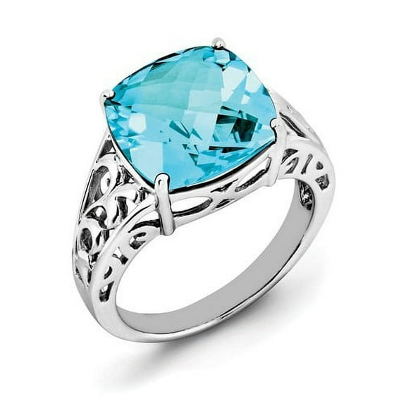 Primal Silver Sterling Silver Rhodium Checker Cut Blue Topaz Ring