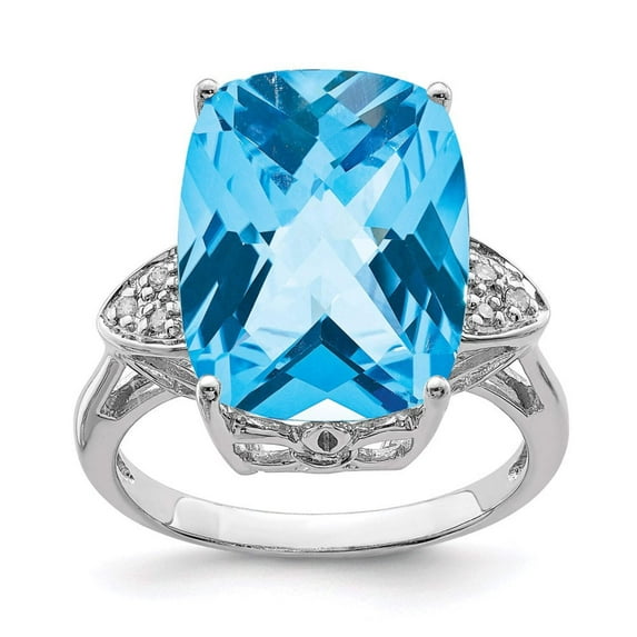 Primal Silver Sterling Silver Rhodium Checker-Cut Blue Topaz and Diamond Ring