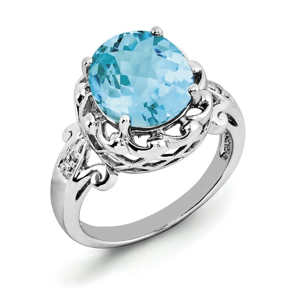 Primal Silver Sterling Silver Rhodium Checker-Cut Blue Topaz and Diamond Ring