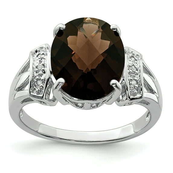 Primal Silver Sterling Silver Rhodium Checker-cut Smoky Quartz and Diamond Ring