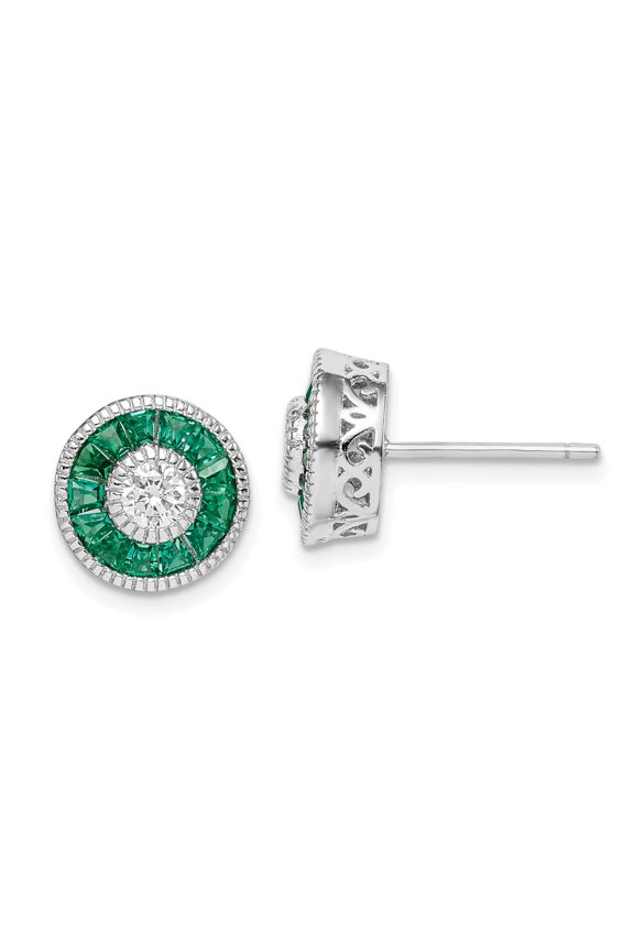 Sterling Silver Rhodium Cubic Zirconia and Lab Created Green Spinel Earrings
