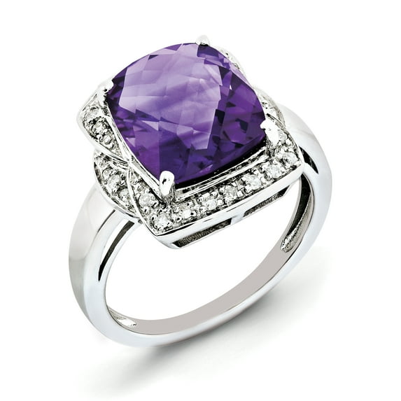 Primal Silver Sterling Silver Rhodium Diamond and Checker-Cut Amethyst Ring