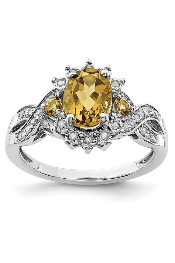 Sterling Silver Rhodium Diamond and Whiskey Quartz Ring