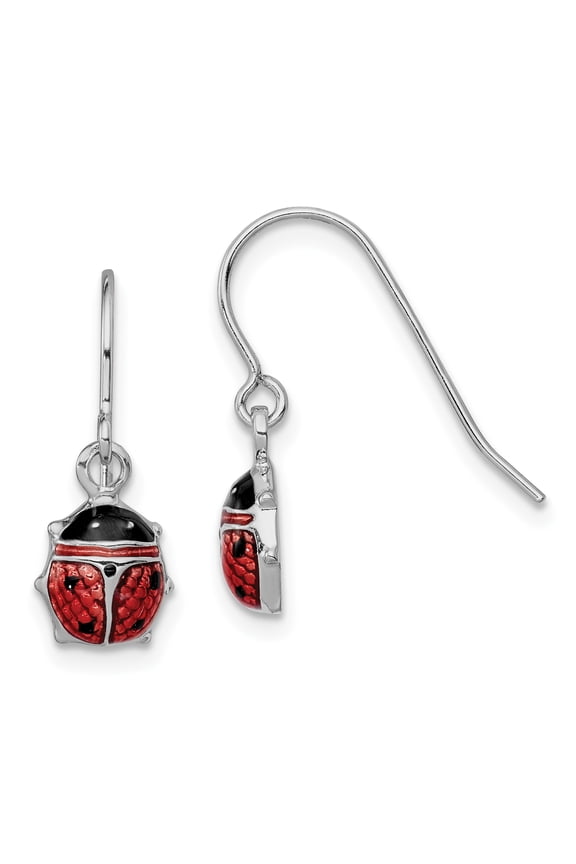 Sterling Silver Rhodium Enameled Ladybug Dangle Earrings