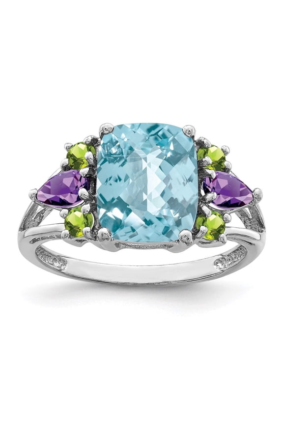 Sterling Silver Rhodium Light Swiss Blue Topaz, Amethyst and Peridot Ring