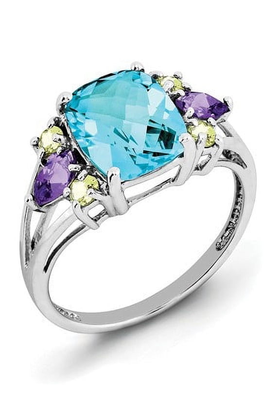 Sterling Silver Rhodium Light Swiss Blue Topaz, Amethyst and Peridot Ring