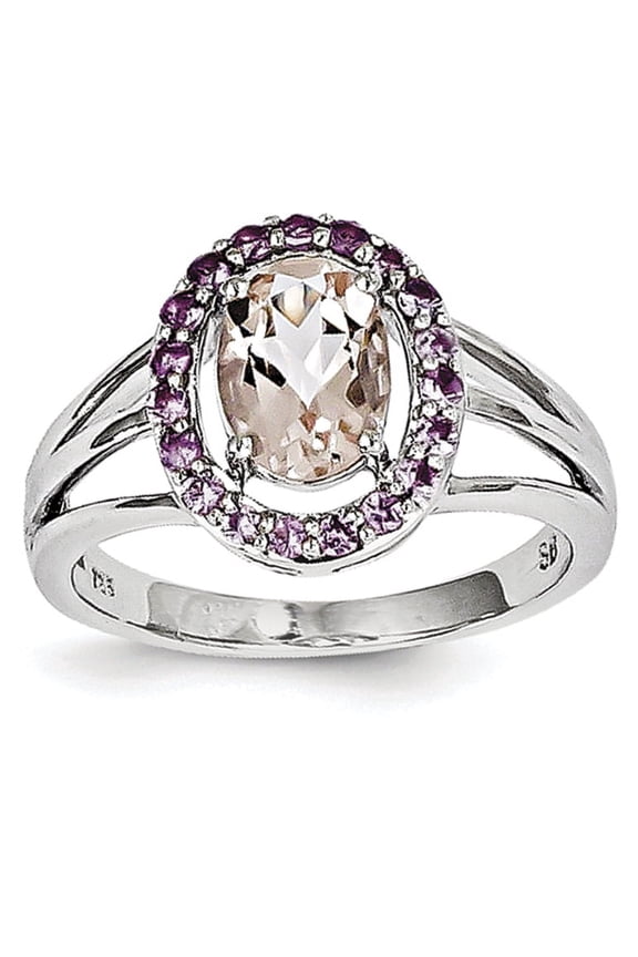 Sterling Silver Rhodium Morganite and Pink Sapphire Oval Ring